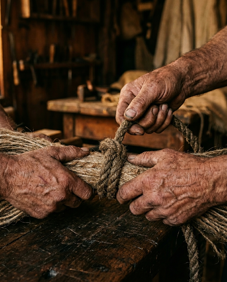 Artisanal craftsmanship — hands carefully binding natural fibers